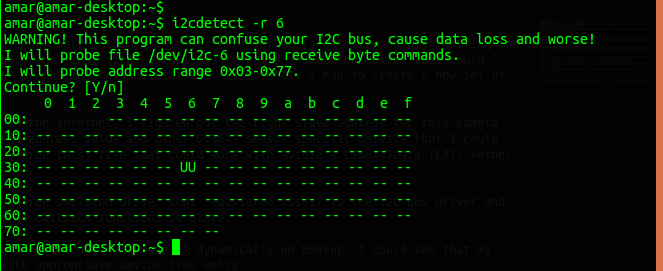 i2cdetect tool detecting OV5647 at I2C address 0x36